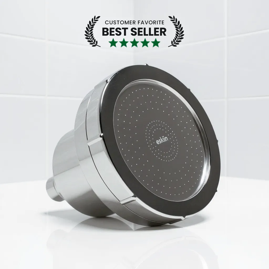 Chrome showerhead labeled 'eskin' with 'Best Seller' badge and five stars.