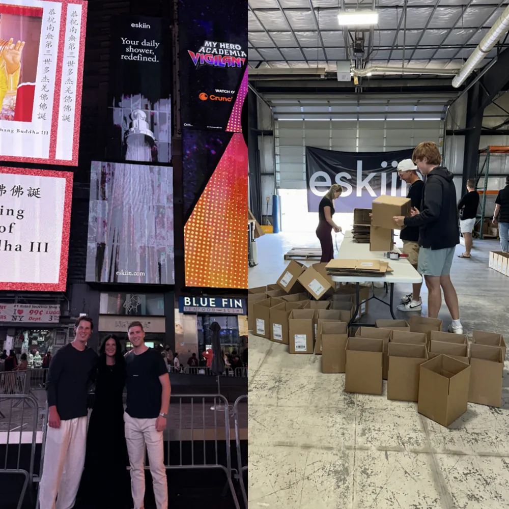 Collage of people in Times Square and a warehouse with boxes.