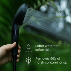 Black handheld showerhead spraying water
