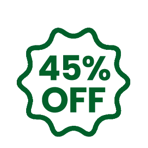 A green starburst-shaped graphic that says '45% OFF'.