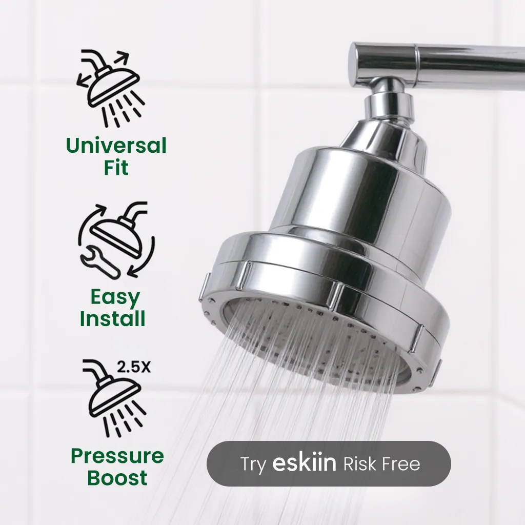Chrome showerhead with water flow, installation icons, and text promoting eskiin.
