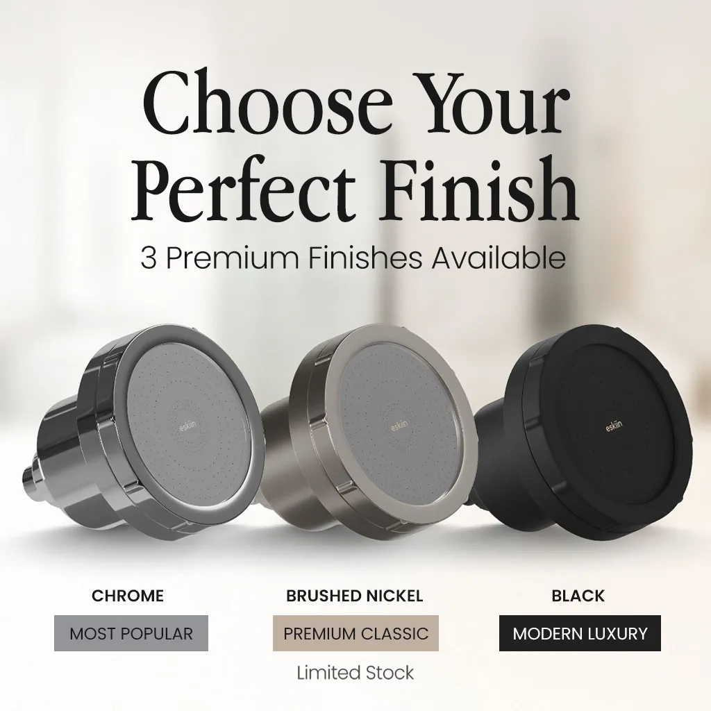 Three shower heads in chrome, brushed nickel, and black finishes with text descriptions.