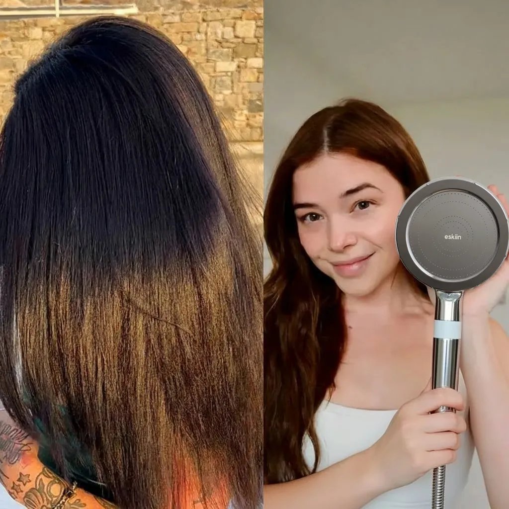 Cliente sosteniendo eskiin Handheld junto a cabello brillante