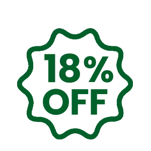 A green starburst-shaped icon with the text '18% OFF' inside.