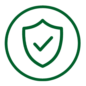 A green icon of a shield with a checkmark inside a circle.