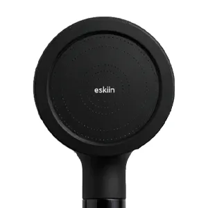 Black circular showerhead with 'eskiin' logo in the center.