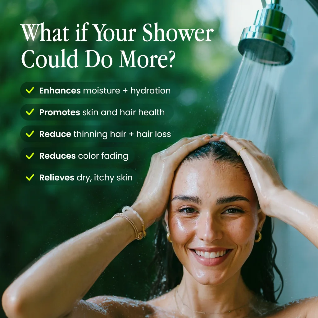 Smiling woman under shower with text about shower benefits.