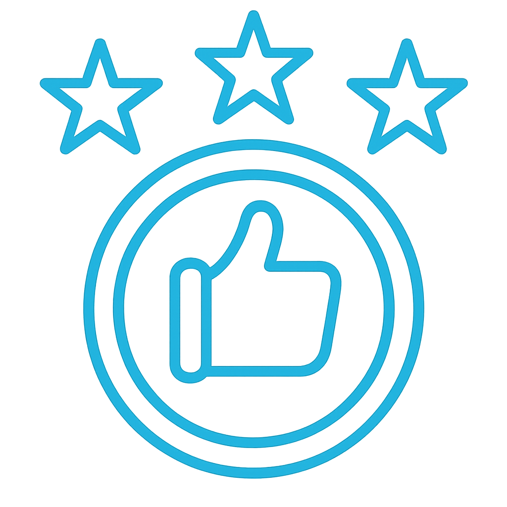 Glowing thumbs-up icon with three stars above on a dark background.