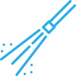 Blue icon of a broom sweeping with small particles.