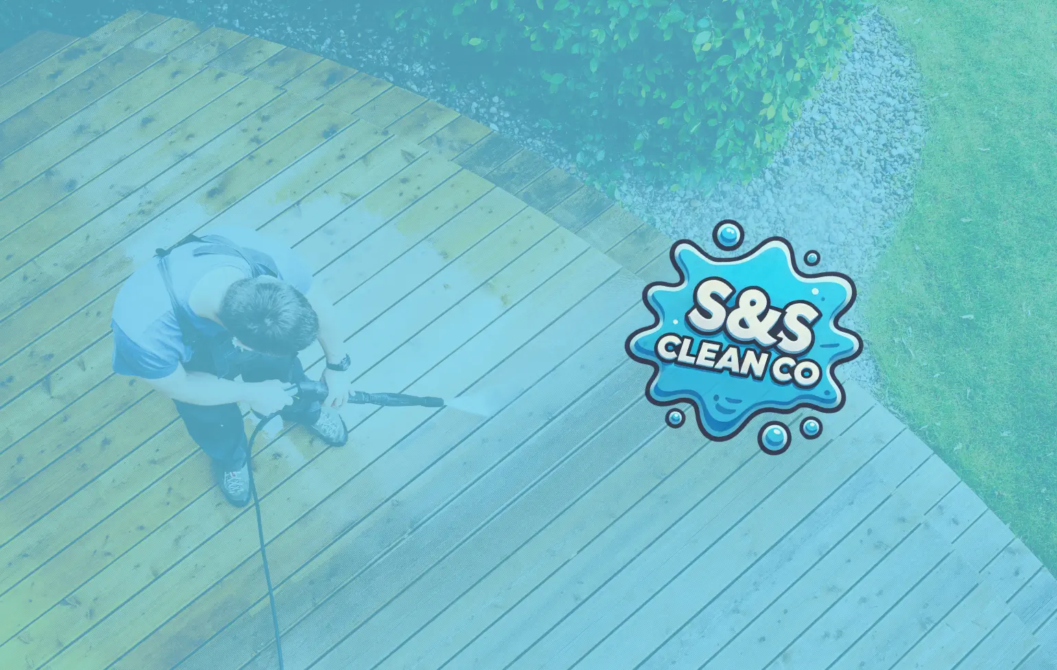 Person pressure washing a wooden deck, with S&S Clean Co logo.