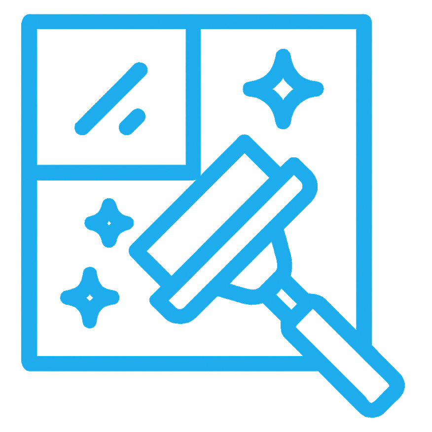 Blue icon of a squeegee cleaning a window with sparkles.