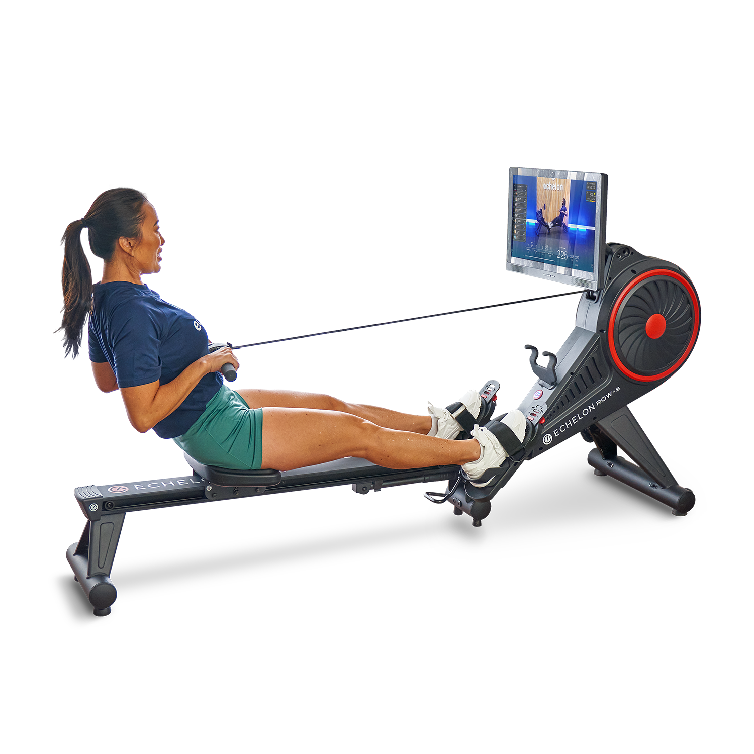 Person using a rowing machine with a monitor attached.