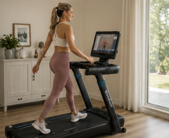 A woman in athletic wear walks on a treadmill with a large screen in a well-lit room.