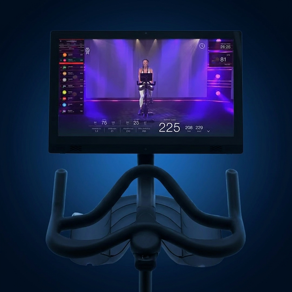 An exercise bike's screen shows a female instructor leading a virtual cycling class with workout metrics displayed.