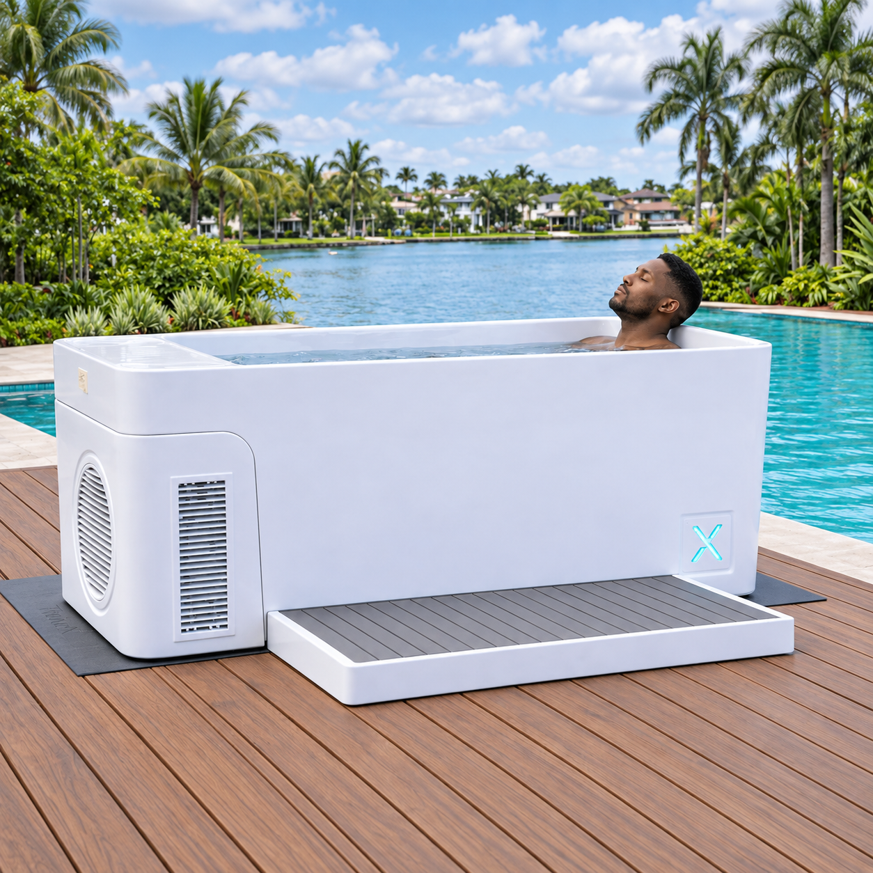 A man relaxes with his eyes closed in a white ice bath tub on an outdoor deck.