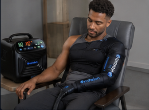 A man sits in a chair wearing a full-arm compression sleeve connected to a therapy machine.