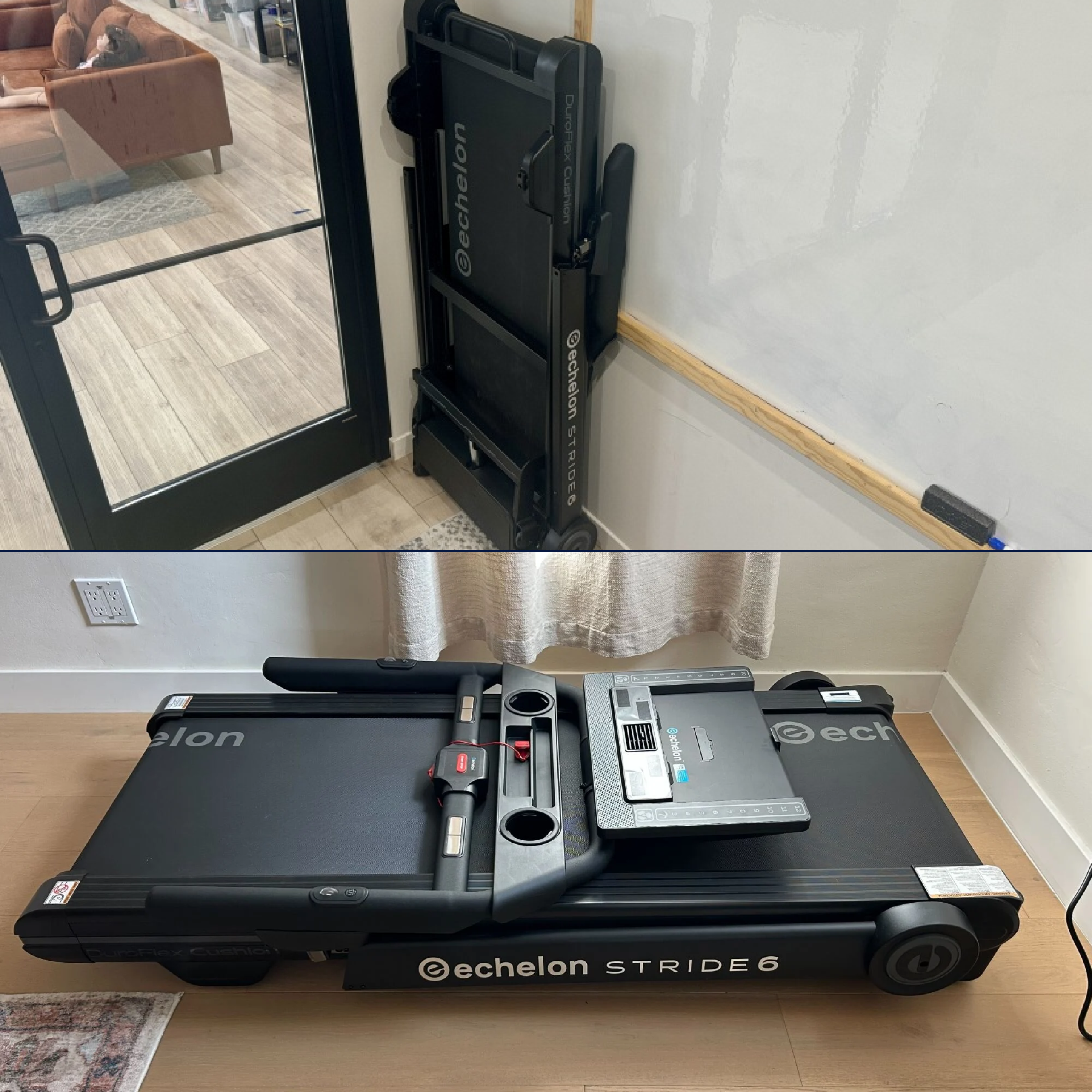 Folded treadmill in two different positions, against a wall and lying flat.