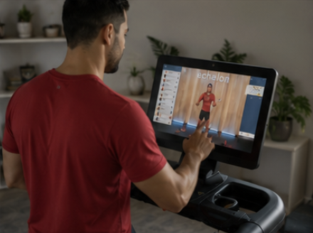 A man in a red shirt uses the touchscreen on his treadmill to select a virtual workout class.
