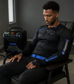 A man in a black and blue Echelon full-body suit sits in a chair, connected to a machine.