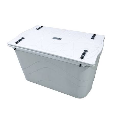 A large, white rectangular bin with a lid secured by four black latches, set against a white background.