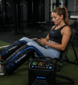 A woman sits in a gym wearing Echelon leg compression boots while looking at a tablet.
