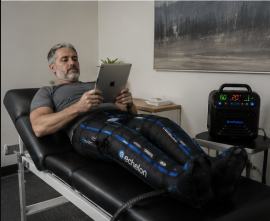 A man lies on a table using a tablet while wearing Echelon compression leg sleeves for recovery.