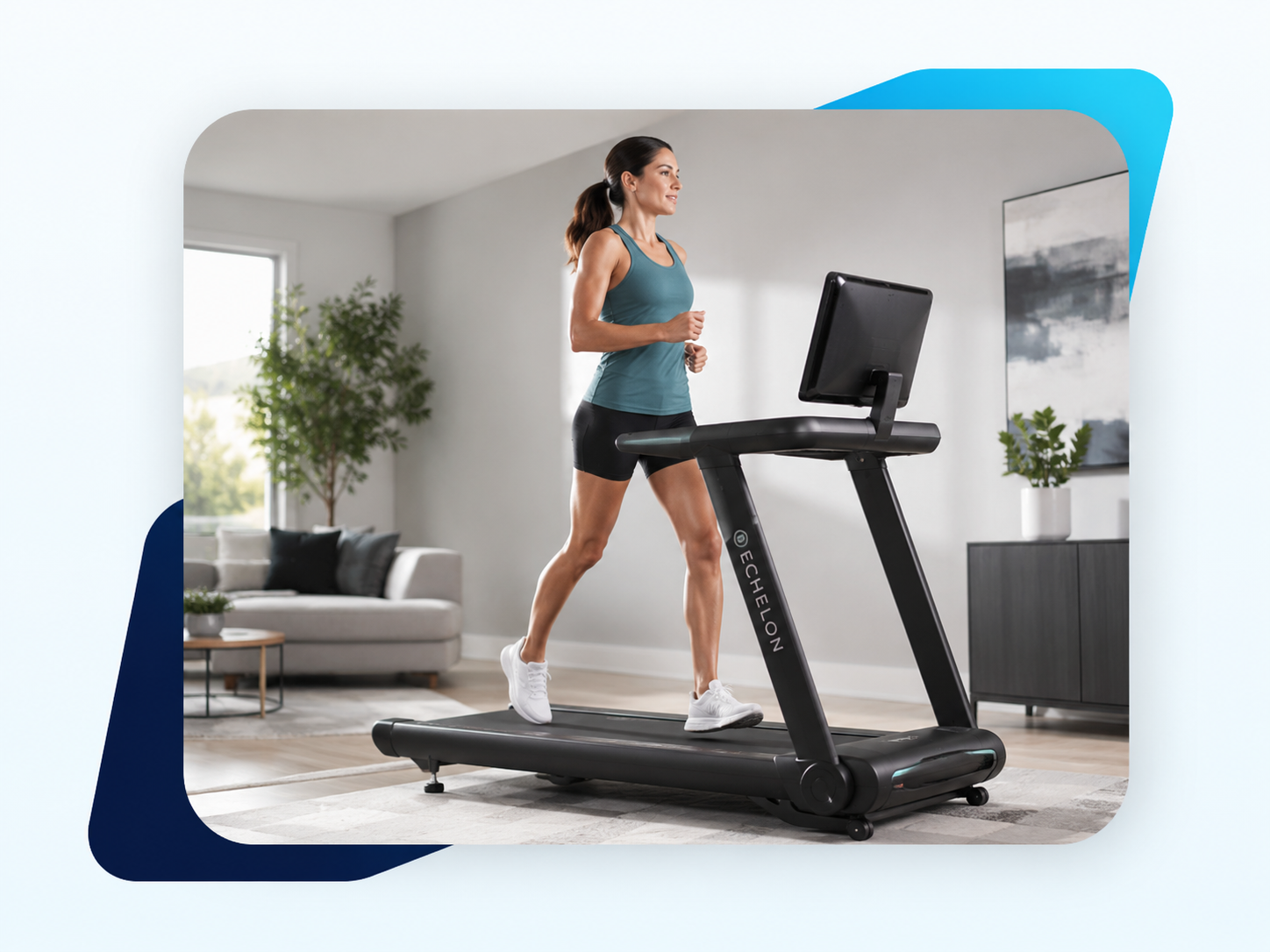 A woman in athletic wear runs on an Echelon treadmill in a modern living room.