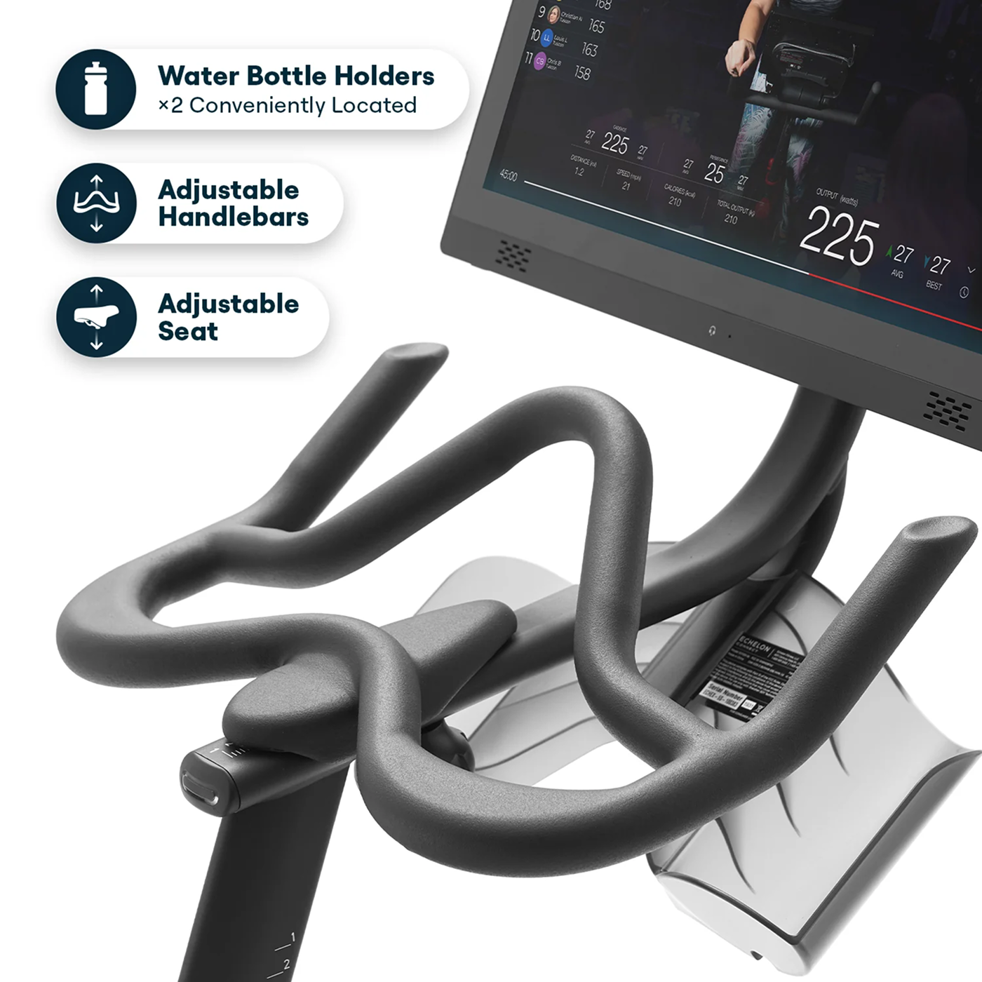 Close-up of exercise bike handlebars with screen and adjustable features highlighted.