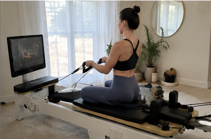 A woman from behind, sitting on a pilates reformer machine and pulling on the straps while watching a screen.