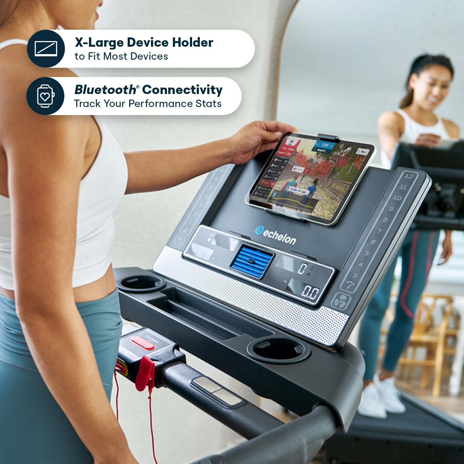 Woman using a treadmill with a tablet holder and Bluetooth connectivity features.