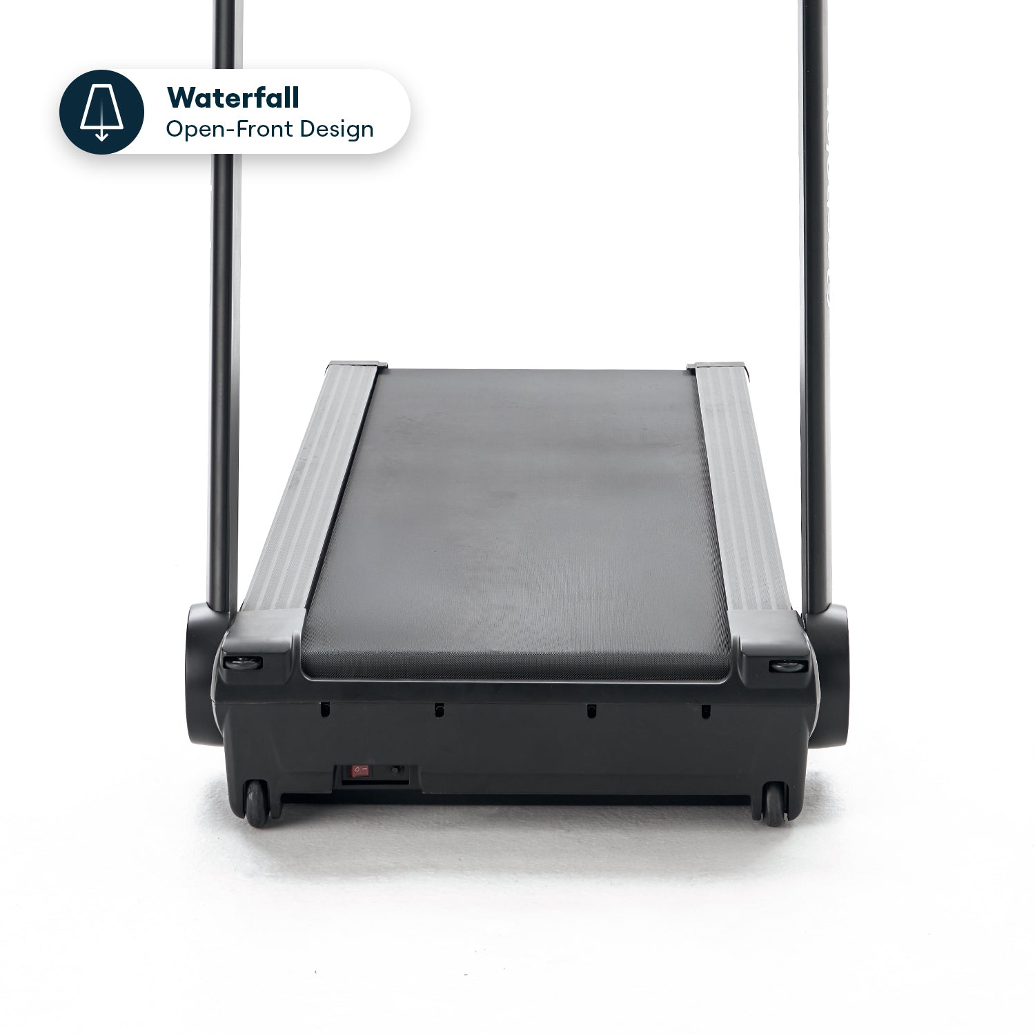 Black treadmill with open-front design and two vertical handles.