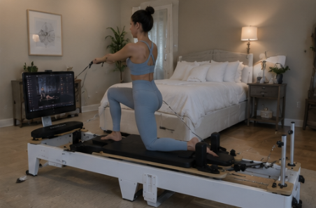 A woman in a blue workout outfit exercises on a Pilates reformer with an attached screen in a bedroom.