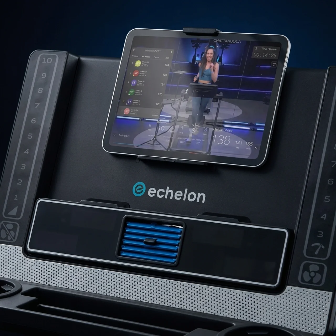 A close-up of an Echelon treadmill console with a tablet displaying an online fitness class.