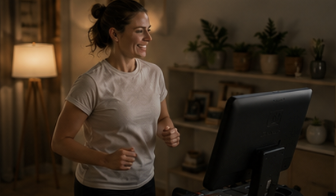 A smiling woman in a grey t-shirt runs on a treadmill indoors while looking at the screen.