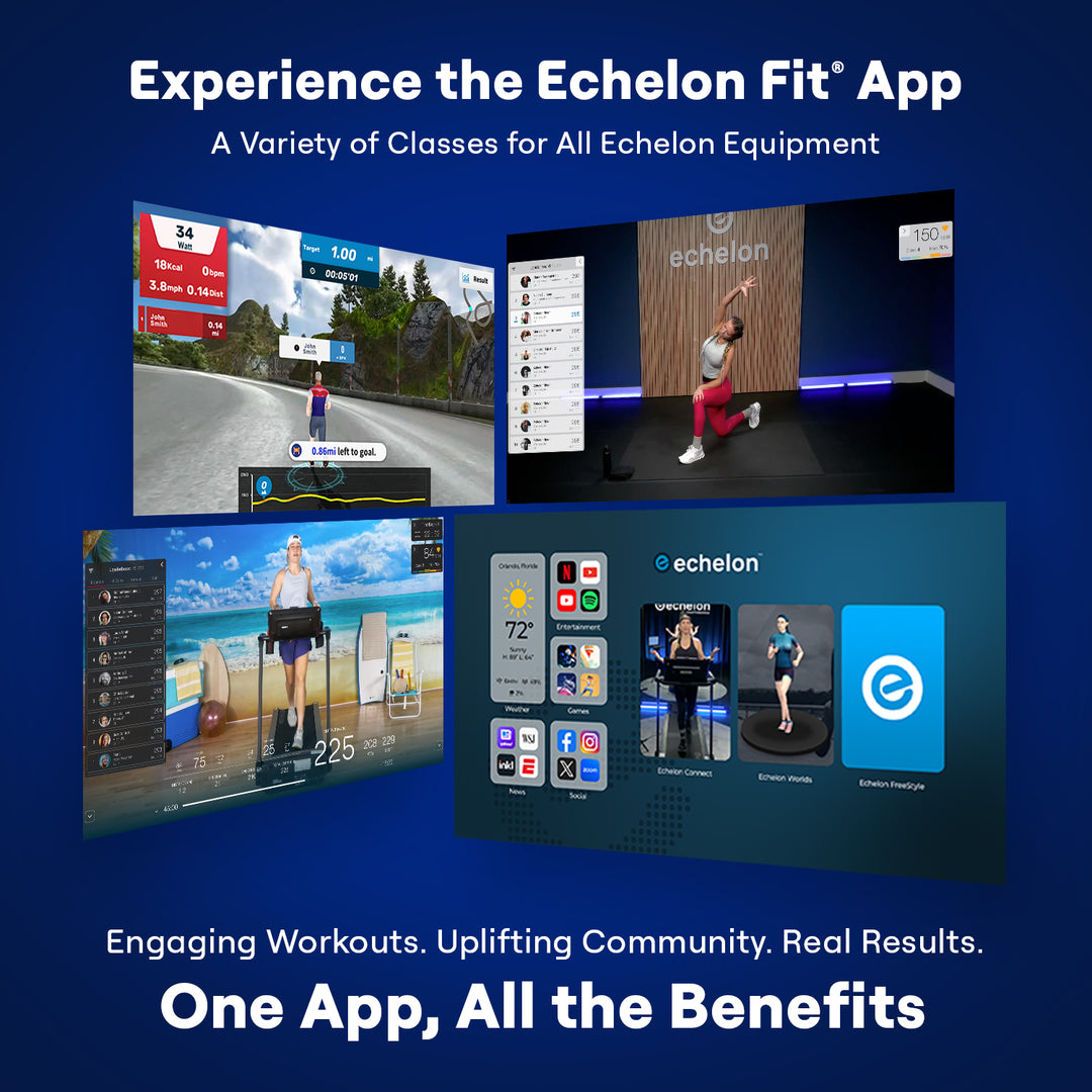 Collage of Echelon Fit app features and workout classes.