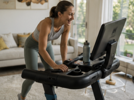 A smiling woman in workout clothes leans on a treadmill in a living room setting.