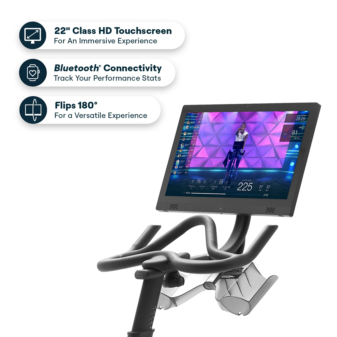 Exercise bike with a touchscreen displaying a workout, text features on the side.