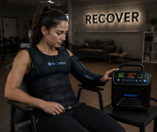 A woman wearing a recovery vest and arm sleeve adjusts the settings on a connected control unit.