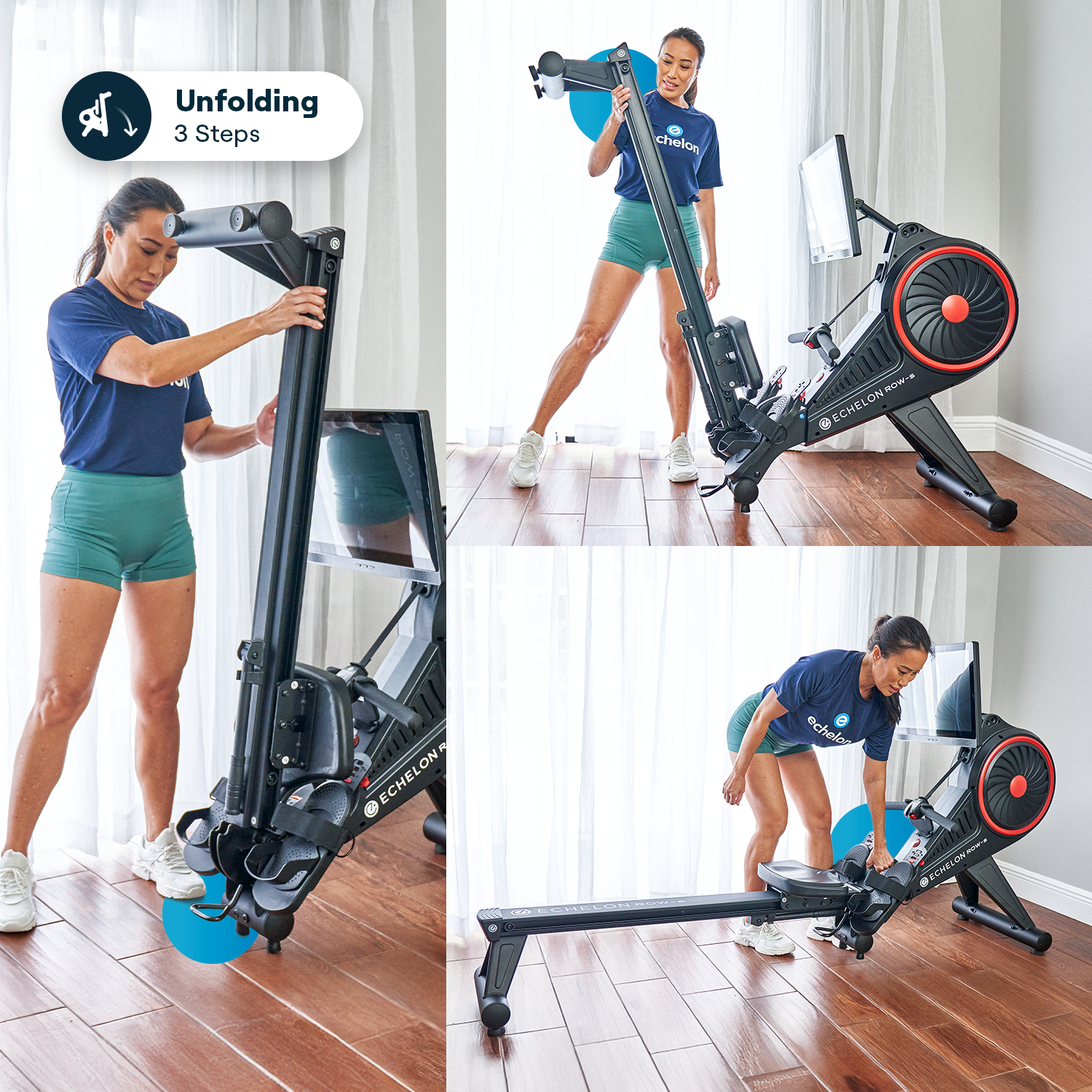 Three images showing a woman unfolding an exercise machine in a room.
