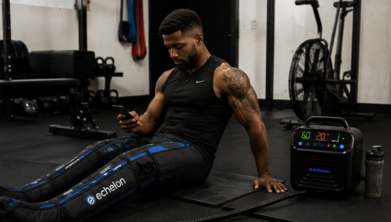 A man in a gym uses his phone while wearing Echelon compression leg sleeves for recovery after a workout.