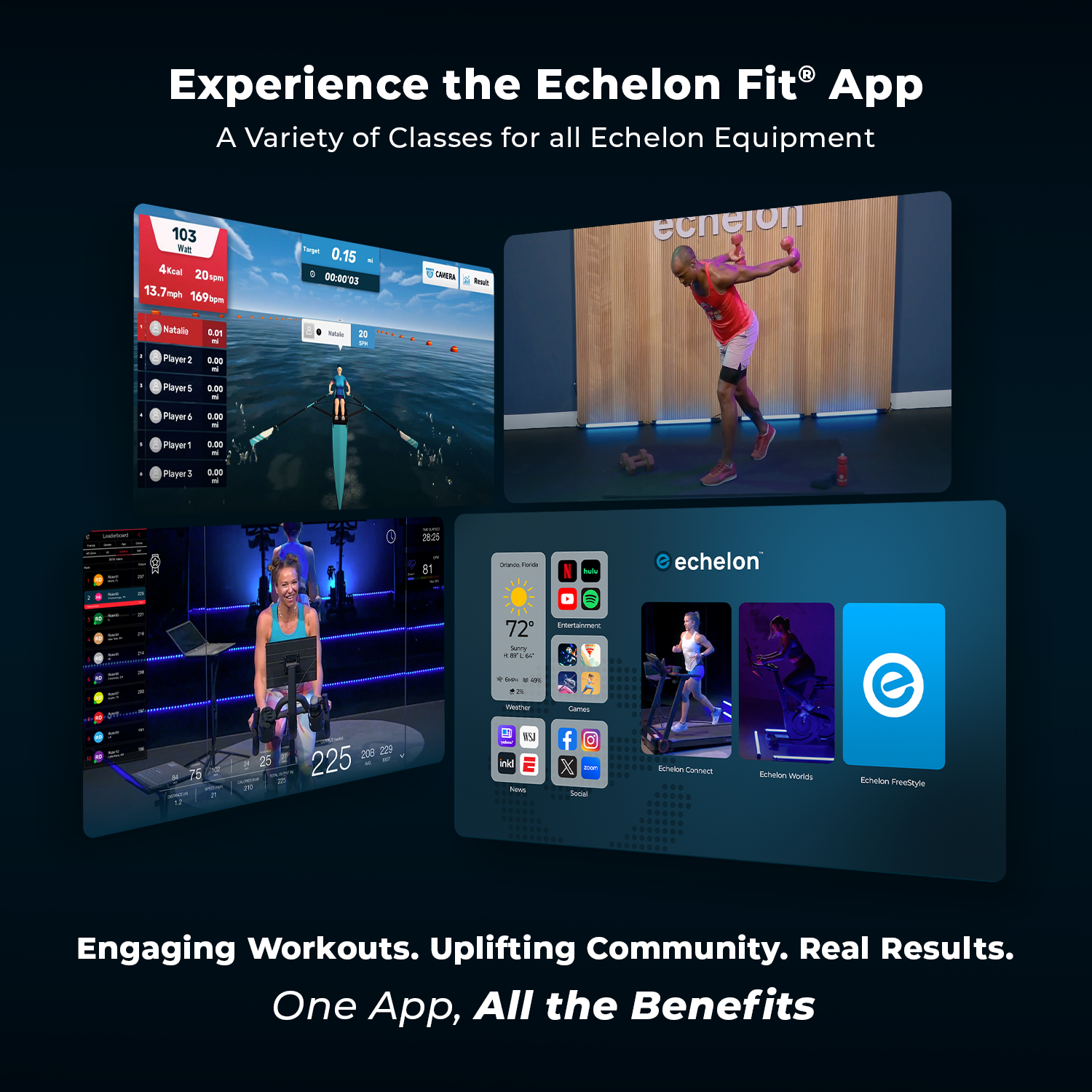 Collage of Echelon Fit app workout classes and interface screens.