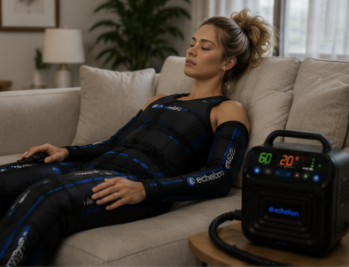 A woman relaxes on a couch wearing a full-body compression suit connected to a control unit.