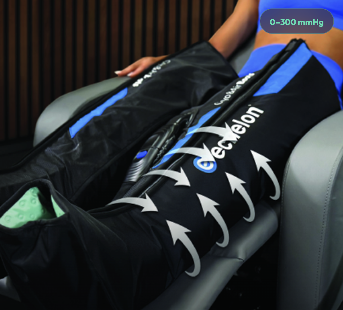 A person wearing black and blue leg compression boots sits in a chair.