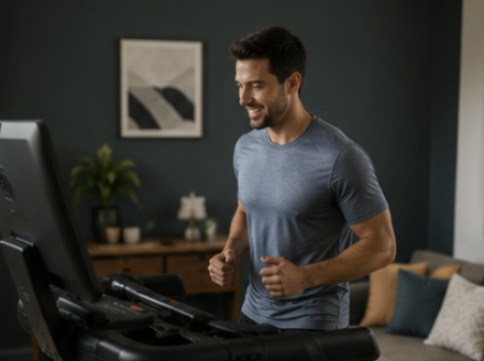 A smiling man wearing a blue t-shirt runs on a treadmill in a living room.