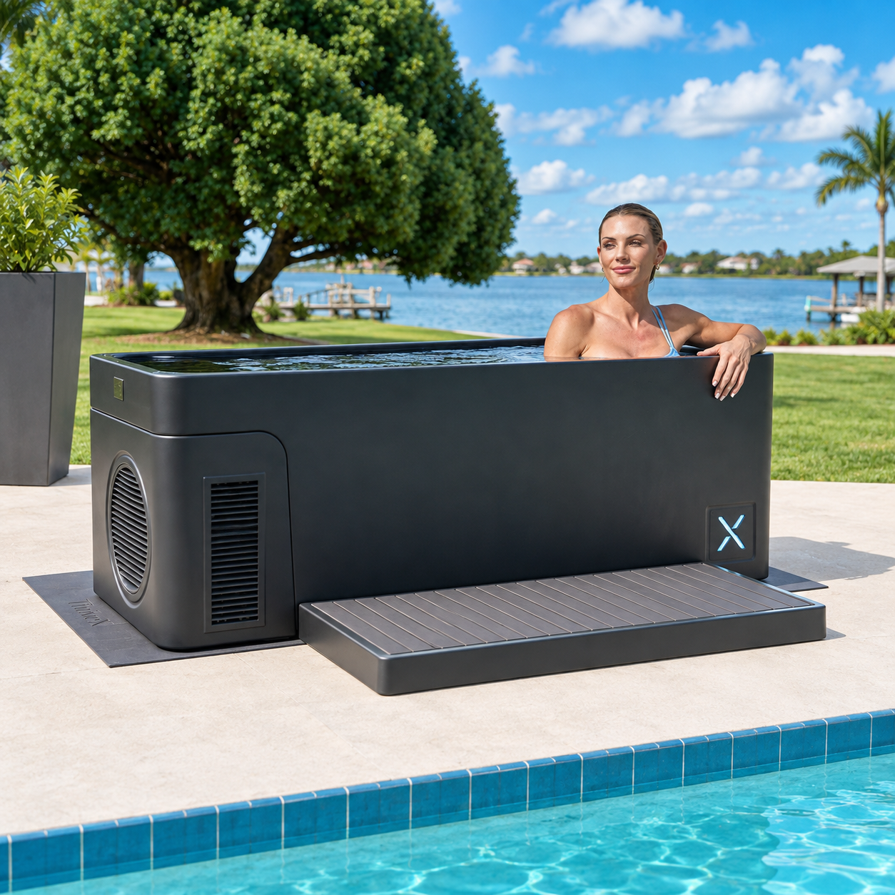 A woman relaxes in a black cold plunge tub on a patio next to a swimming pool.