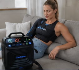 A woman sits on a couch with a cold therapy and compression machine attached to her shoulder.