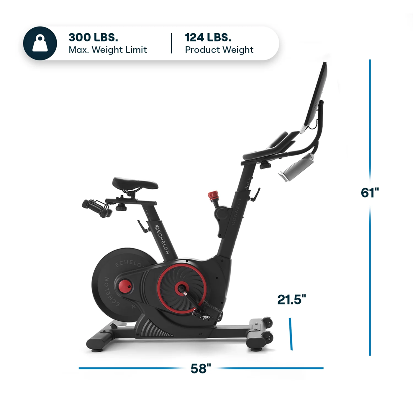 Black exercise bike with measurements and weight limits.