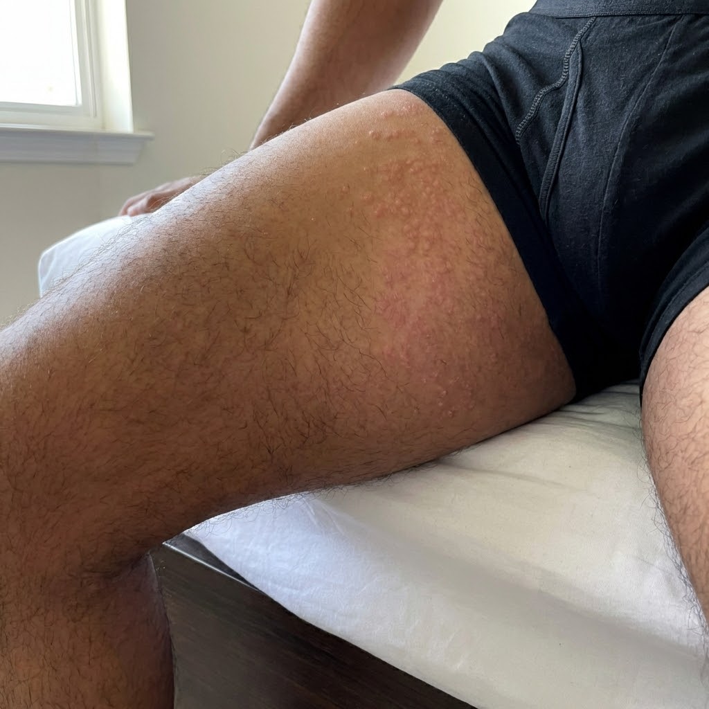 A close-up of a person's inner thigh with a rash of small, raised bumps.
