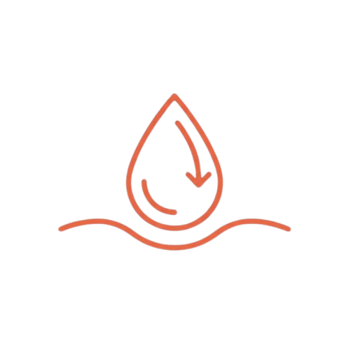 An orange line icon of a droplet with a circular arrow inside, over a wavy line.
