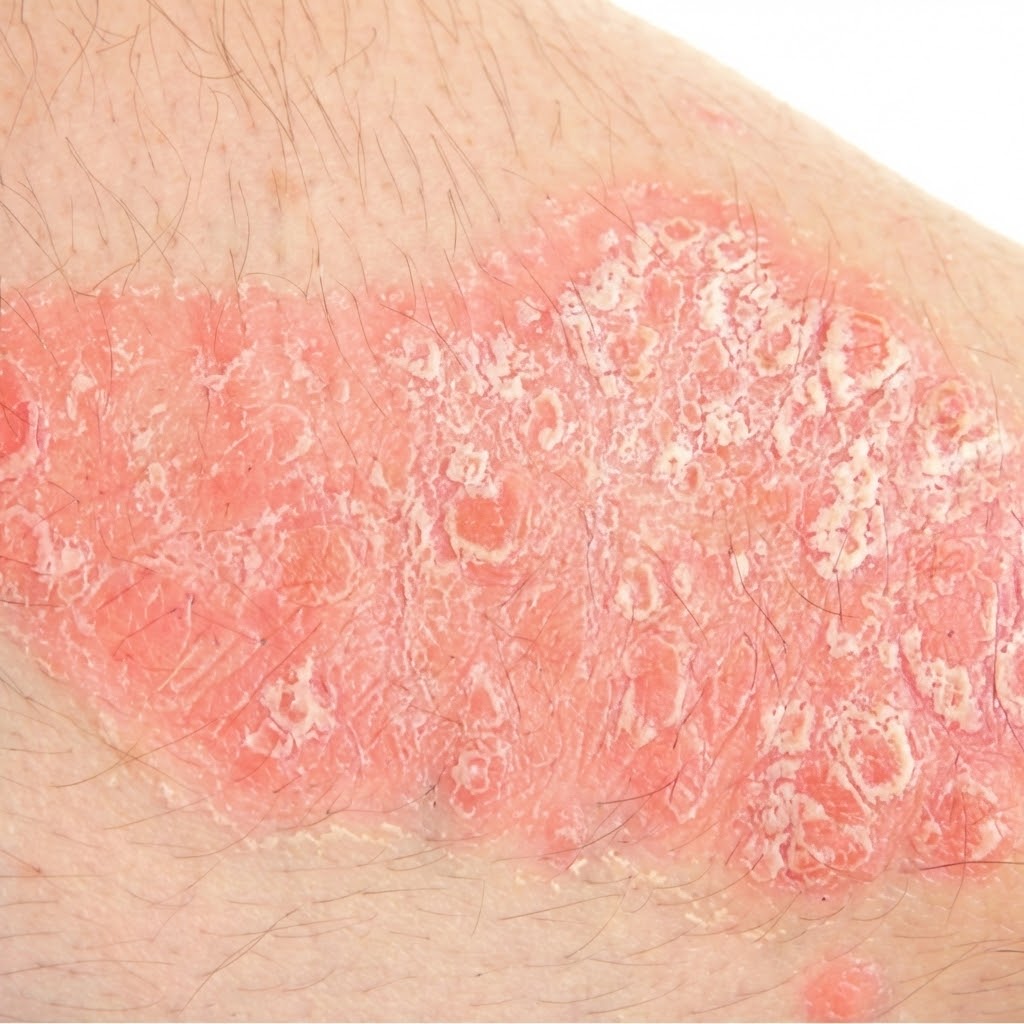 A close-up of a patch of red, inflamed, and scaly skin with fine hairs on a white background.